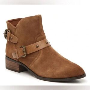 Crown Vintage 9M Roberta Tan Camel Brown Suede Leather Moto Ankle Booties